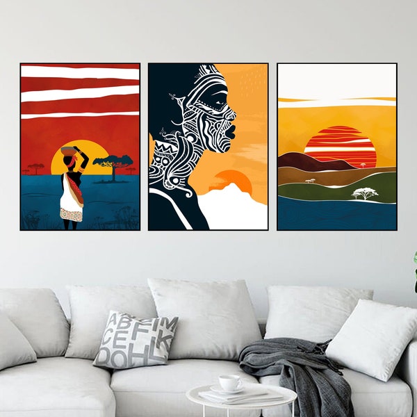 Afrikaanse zonsondergang landschap prints zwarte vrouw portret set van 3 prints. Hedendaagse abstracte meisje gezicht minimalistische posters 3 vrede moderne kunst.