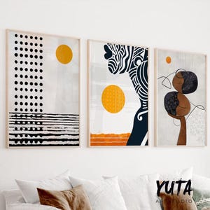 Moderne afroamerikanische Kunst im 3er-Set. Abstrakte schwarze Frau Galerie Wand Kunst, bunte Afrika Wand Kunst. Minimalistische Wohnung Dekoration