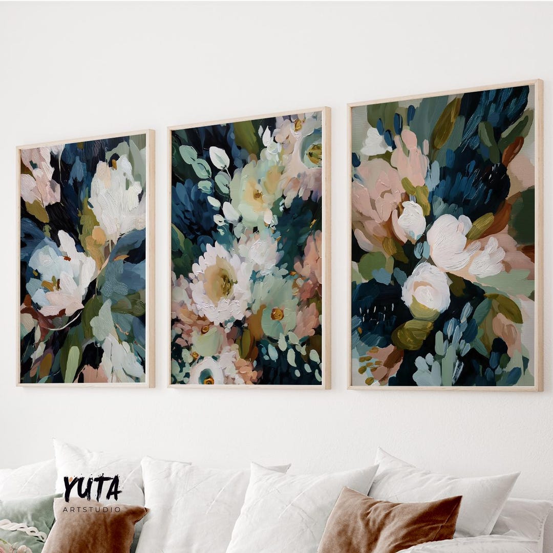 Moody Abstract Floral Wall Art Set of 3, Large Dark Botanical Prints ...