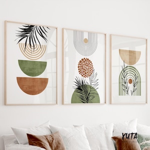 Terracotta green boho wall art set of 3 prints. Earthy minimalist wall art poster. Boho tropial leavesartwork,  mid century modern wall art