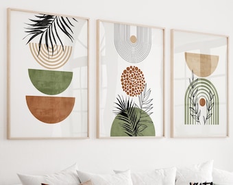 Juego de 3 láminas de arte mural bohemio en verde terracota. Póster minimalista con un toque terroso. Obra de arte boho con hojas tropicales, arte mural moderno de mediados de siglo.