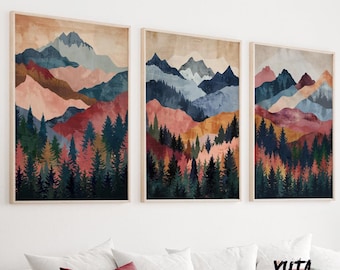 Bunte Berg Wand Kunst 3er-Set, Abstrakte Landschaft Poster, Moderne Wald Wand Dekoration, Boho Natur Drucke für Wohnzimmer