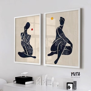 Neutral female african american art print set of 2, black woman above bed wall art, modern abstract figurative minimalist posters