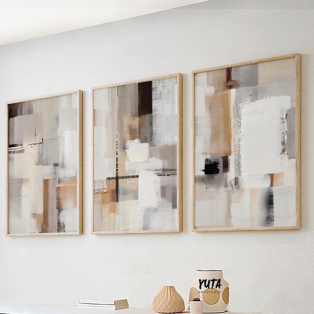 Neutral Abstract Wall Art Set of 3, Beige Minimalist Prints, Modern ...