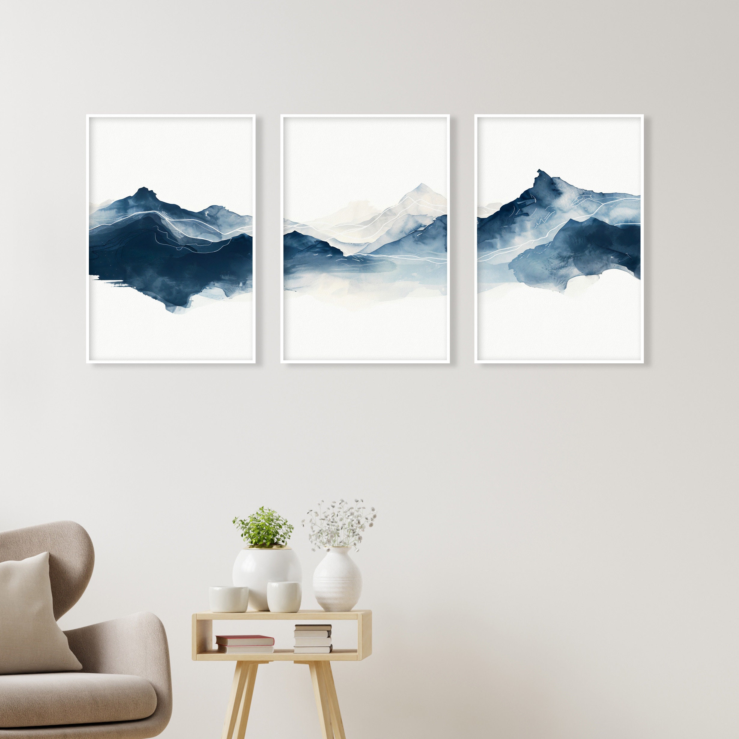 Navy Blue Abstract Mountain Set of 3 Prints. Modern Minimalist ...