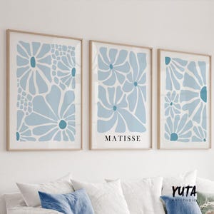 Conjunto de 3 estampas de flores Matisse em azul neutro. Conjunto de parede minimalista, leve e natural, de meados do século, com impressões de arte vintage e modernas para quarto.