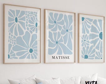 Neutrales blaues Matisse-Blumen-Set mit 3 Drucken. Licht natürliche minimalistische Galerie Wandset, Vintage trendige Schlafzimmer Wandkunst Drucke