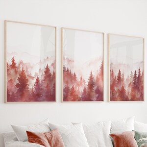 Dusty pink foggy pine trees, mountain forest set of 3 prints. Landscape wall art, neutral mountain nature wall art, aesthetic room decor