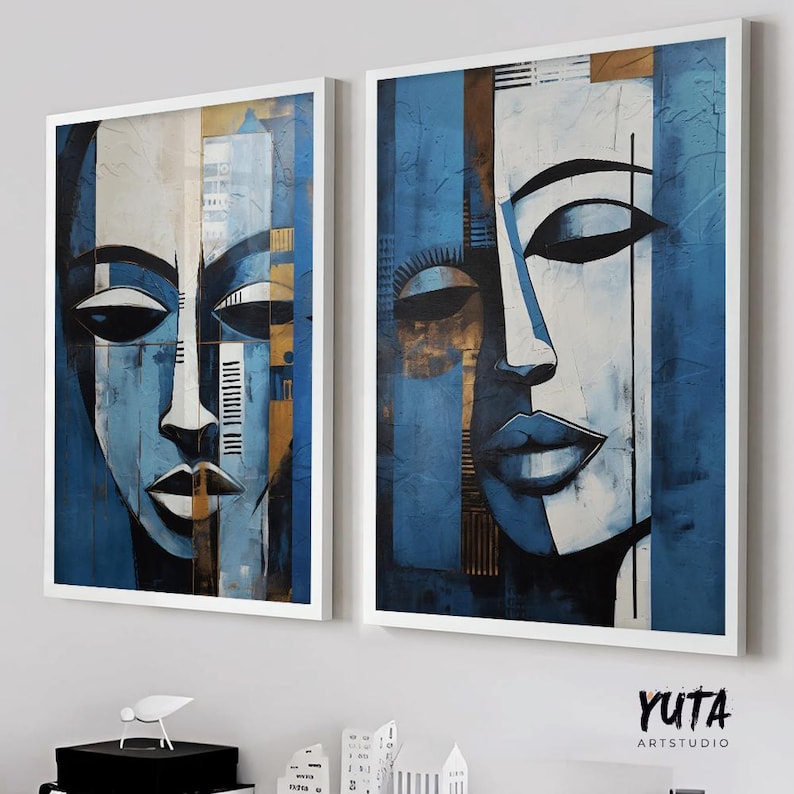 Set of 2 Navy Blue African American Art Prints, Black Woman Portrait ...