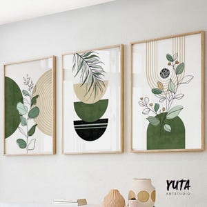 Green black boho wall art set of 3 prints. Mid century modern room decor aesthetic boho large gallery wall set poster.