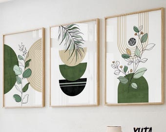 Green black boho wall art set of 3 prints. Mid century modern room decor aesthetic boho large gallery wall set poster.