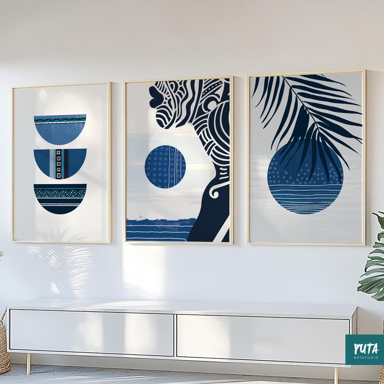 Navy Blue Abstract African Wall Art Set of 3 Print. Modern Black Woman ...