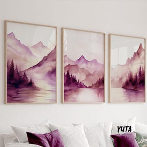 Purple Mountain Watercolor Print Set, Modern Minimalist Landscape