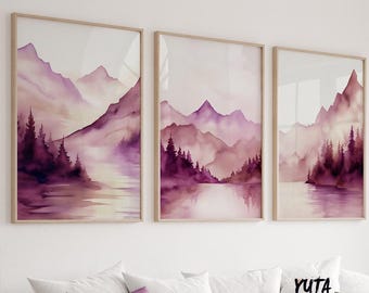 Purple Mountain Watercolor Print Set, Modern Minimalist Landscape