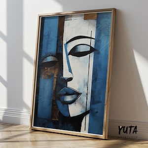 Navy blue grey woman abstract painting print. Contemporary african american art. Modern woman portrait, minimalist living room decor