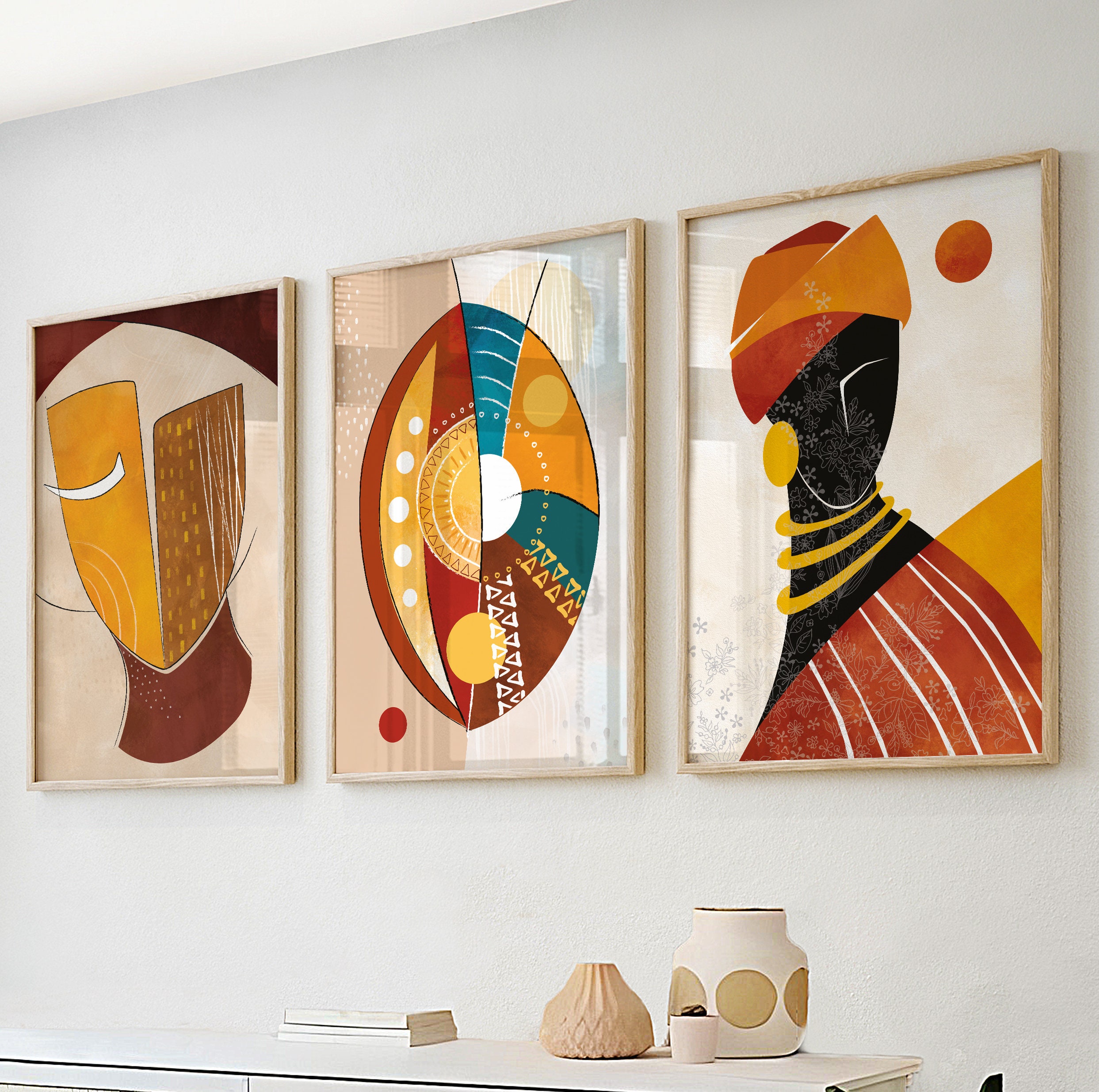 Colorful Abstract Ethnic Africa Wall Art Set of 3 Prints, Modern Black ...