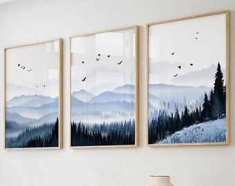 Minimalist blue mountain landscape set of 3 prints. Mid century modern wall art, abstract mountain foggy forest poster, aesthetic room decor