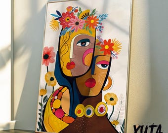 Modern abstract zwart vrouwenportret. Kleurrijke afrocentrische muurkunst