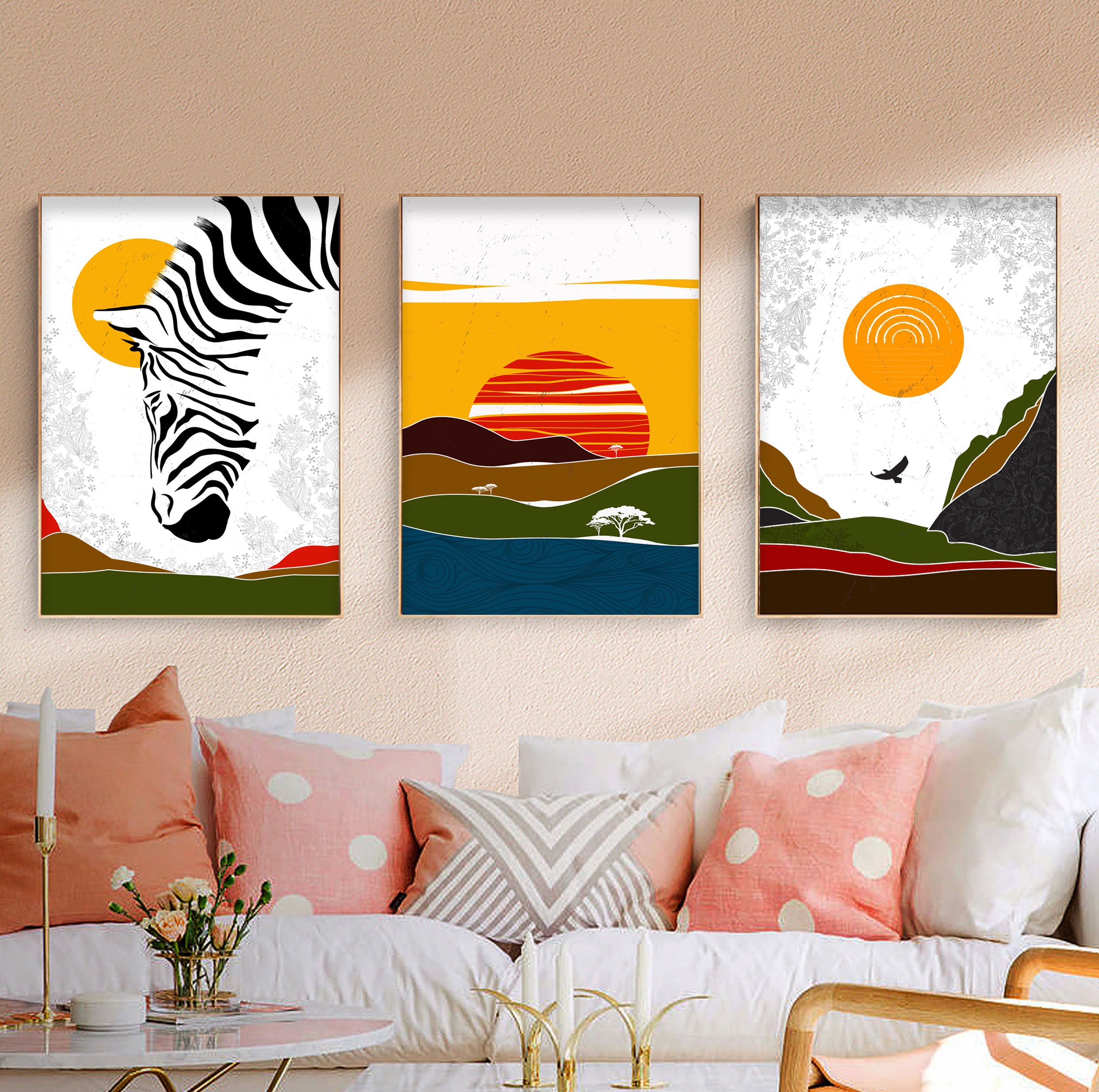 Modern African Art Set of 3 Prints. Abstract Landscape Etsy
