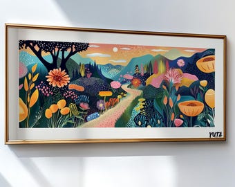 Puede incluir: Una ilustración colorida de un camino sinuoso a través de un exuberante bosque verde con flores vibrantes y un cielo azul con un sol blanco. El texto "YUTA" está en la esquina inferior derecha.