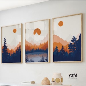 Set of 3 abstract mountain print. Modern three piece orange deep blue minimalist landscape poster, aesthetic room decor
