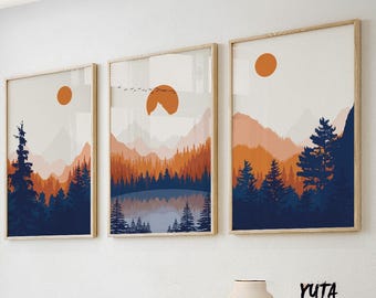 3er Set abstrakte Bergmotive. Modernes dreiteiliges orange tiefblaues minimalistisches Landschaftsposter, ästhetisches Raumdekor
