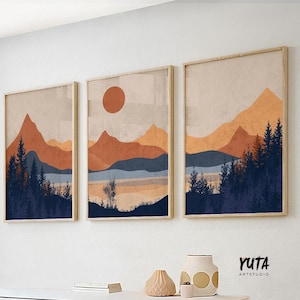 Set of 3 Bright Mountain Prints. Modern Simple Mid Century Wall Art. 3 Piece Terracotta Blue Minimalist Landscape Abstract wall art posters