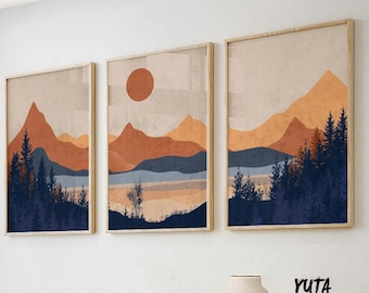 Conjunto de 3 gravuras de montanhas vibrantes. Arte de parede moderna e simples de meados do século. 3 pôsteres de arte de parede minimalistas com paisagens abstratas em azul terracota.