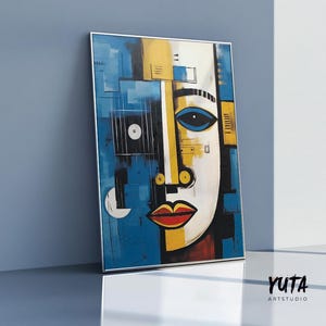Moderna stampa murale africana blu navy e gialla, dipinto astratto. Stampa d&#39;arte afroamericana contemporanea. Arredamento minimalista per il soggiorno.