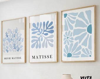 Blue Matisse set of 3 prints. Neutral minimalist mid century gallery wall set, vintage trendy Henri Matisse print, livingroom posters