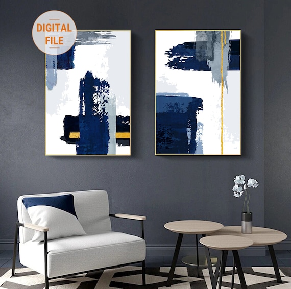 Blue Abstract Wall Art Modern Digital Print Set of 2 Wall Hangings Wall Decor