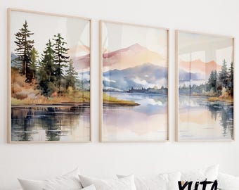 Moderne Pastell Berge Wand Kunst 3er-Set Druck, Natur Wanddekor, Waldsee Landschaftsmalerei Poster, vielseitiges großes Galeriewandset
