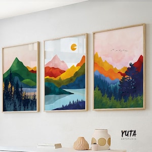 Conjunto de 3 vibrantes montanhas escandinavas coloridas arte abstrata conjunto de 3 impressões, pôster nórdico moderno galeria decoração para casa grandes impressões de arte de parede