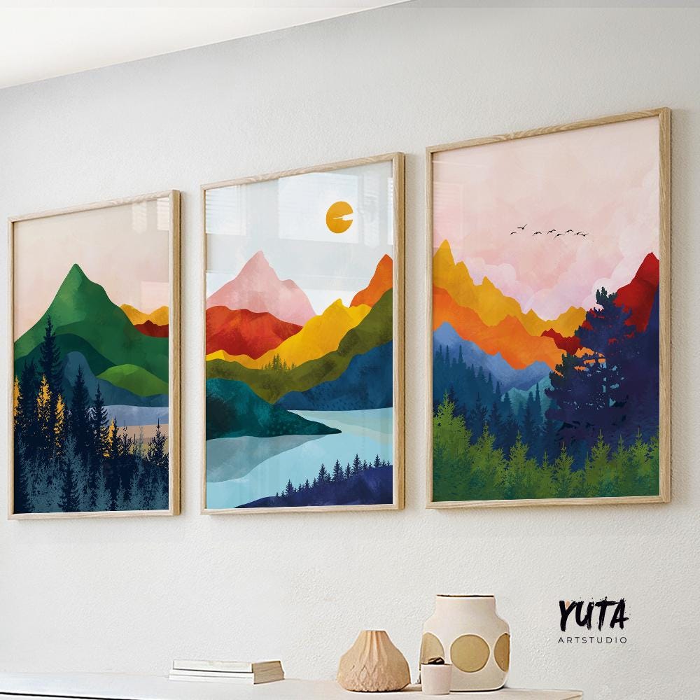 Set of 3 Vibrant Mountains Scandinavian Colorful Abstract Art Set