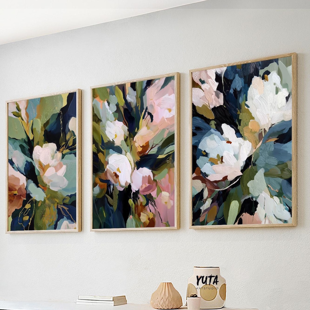 Abstract Floral Wall Art Set of 3, Colorful Botanical Textured Navy ...