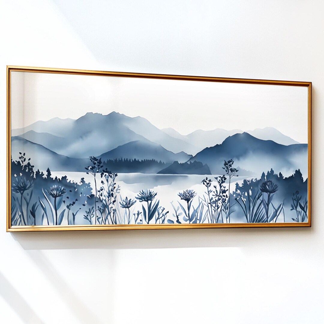 Navy Blue Mountain Lake Wall Art Print – Wide Horizontal Landscape With ...