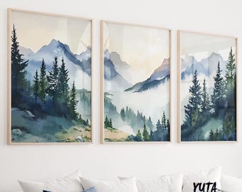 Modern Mountain Wall Art Set of 3 Prints, Landscape Wall Decor, Nature Forest Posters