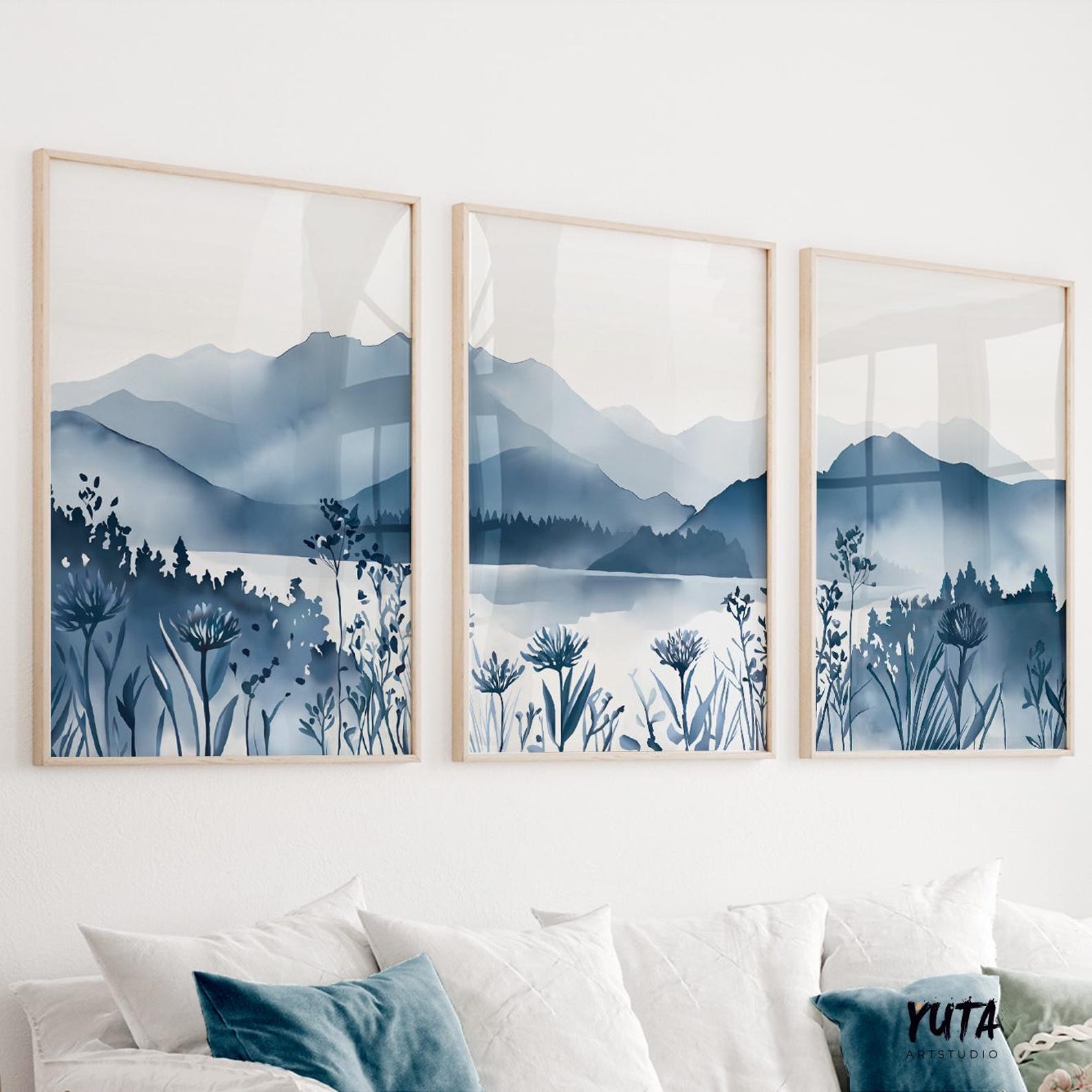 Navy Blue Mountain Landscape Wall Art Set of 3, Modern Botanical ...