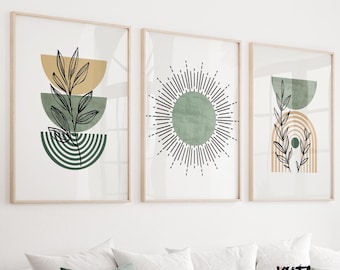 Salbeigrün Boho Wandkunst 3er Set Prints, Mid Century Abstrakte Poster, Geometrische Botanische Minimalistische Kunst