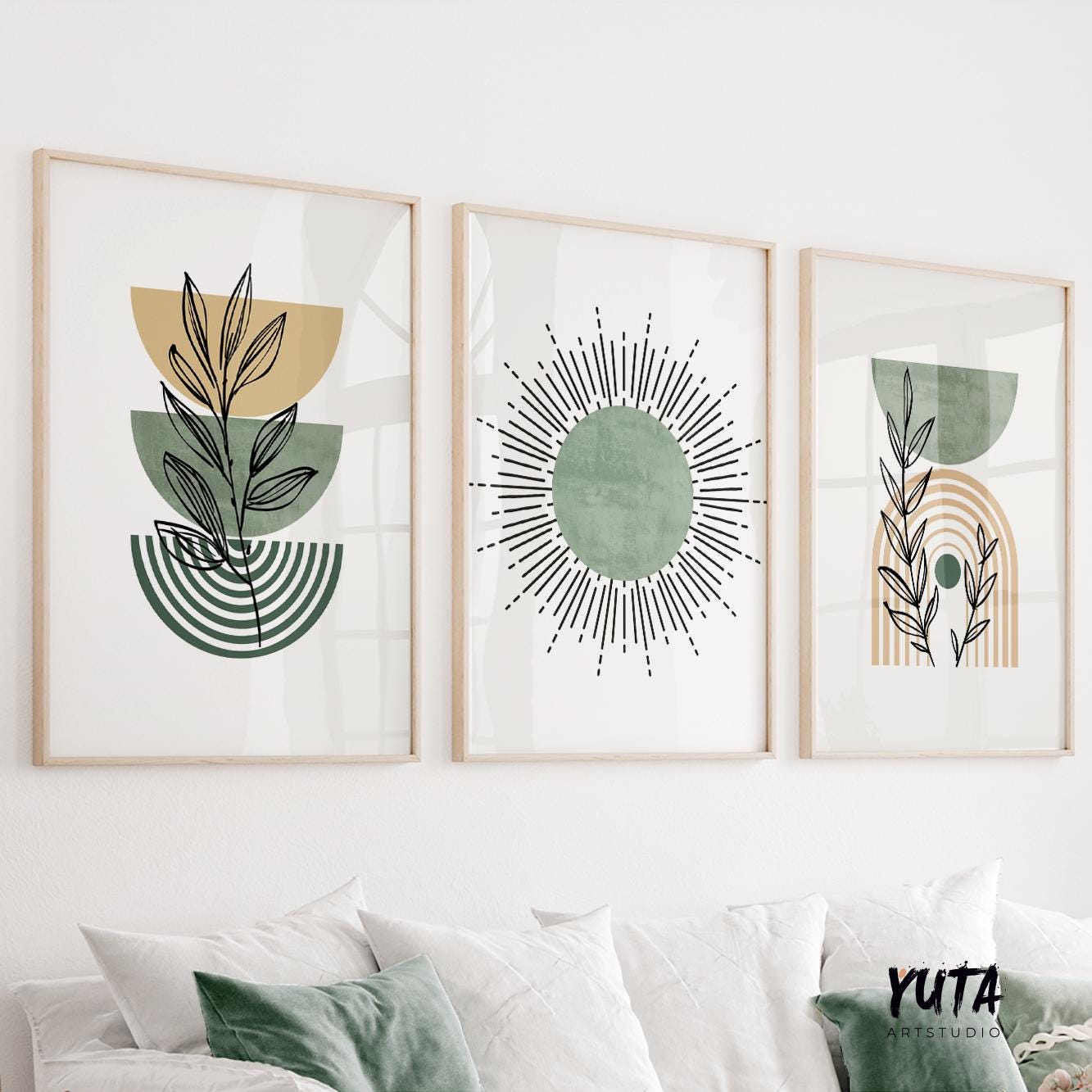 Sage Green Boho Wall Art Set of 3 Prints, Mid Century Abstract Posters ...