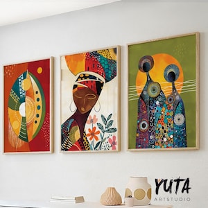 African absrtact art set of 3 prints. Minimalist african wall art, black woman portrait. Modern african american gallery wall set