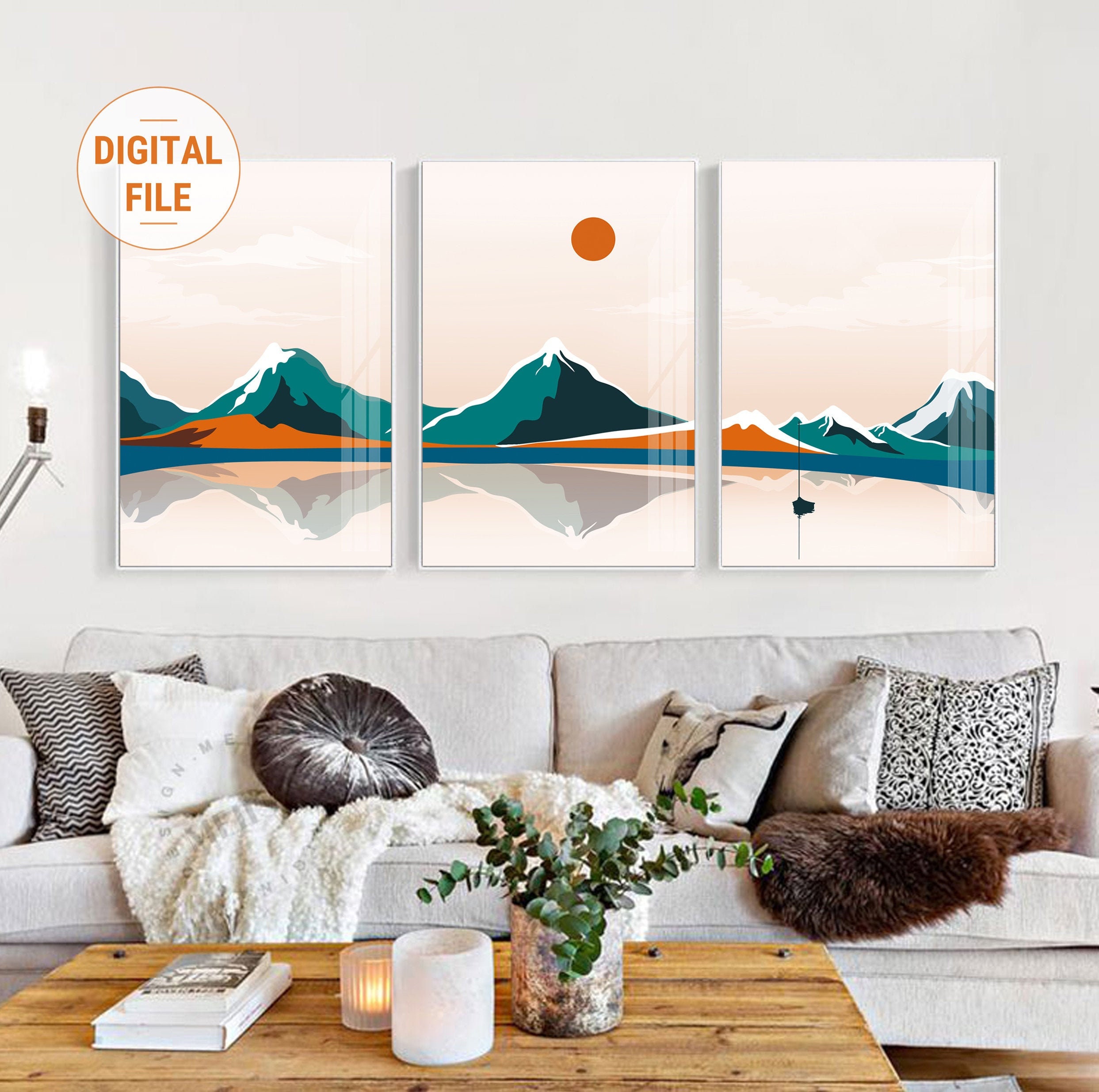 Set of 3 Mountain Prints. 3 Piece Minimalist Landscape. Mid Etsy