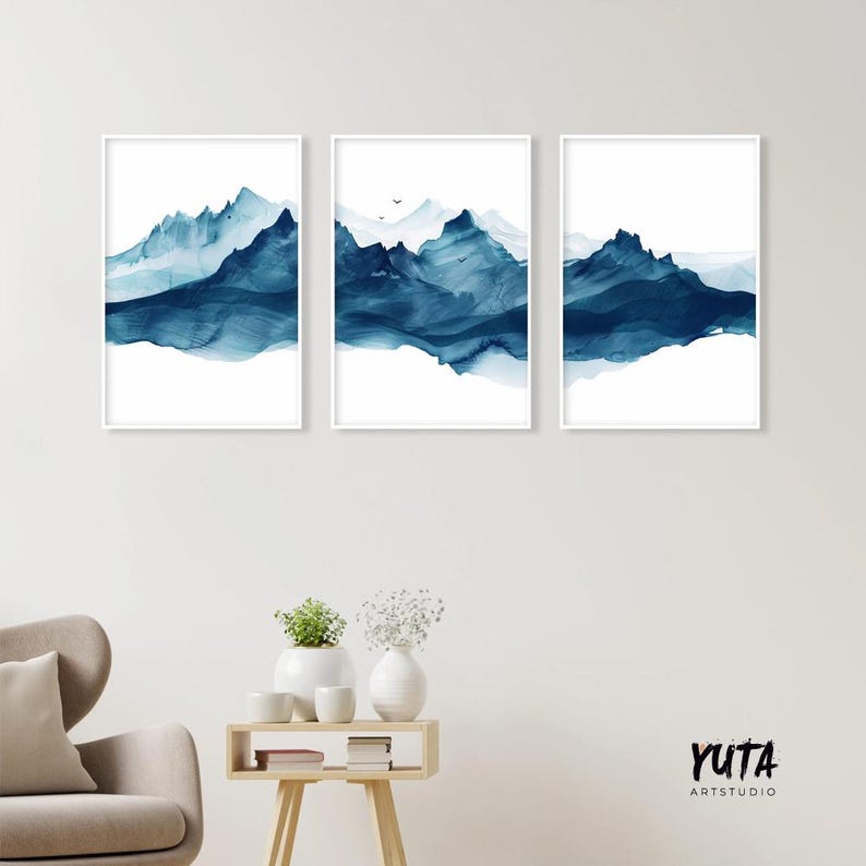 Navy Blue Minimalist Abstract Mountain Set of 3 Prints. Modern ...