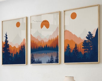 Set of 3 abstract mountain print. Modern three piece orange deep blue minimalist landscape poster, aesthetic room decor, housewarming gift