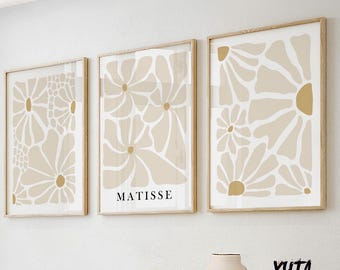 Neutral beige Matisse flower set of 3 print. Light naturals minimalist mid century gallery wall set, vintage trendy bedroom wall art prints