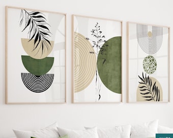 Boho Galerie-Wandset mit 3 Drucken. Mid Century Modern Tryptichon. Boho Wandbild, über dem Bett Drucke, grüne Wandkunst, botanische Wandkunst