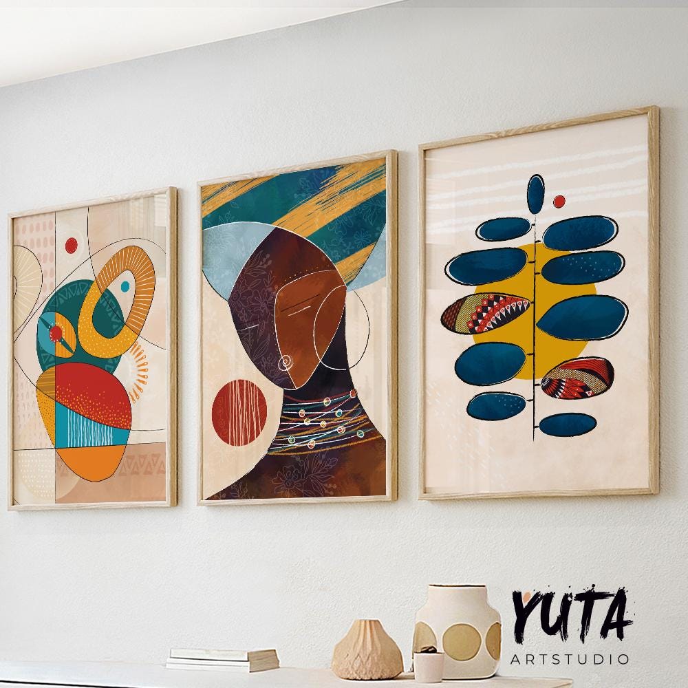 Abstraktes afroamerikanisches Kunst-Set mit 3 Drucken. Farbenfrohes zeitgenössisches ethnisches afrikanisches Galeriewandset, 3-teilige Wandkunstplakate