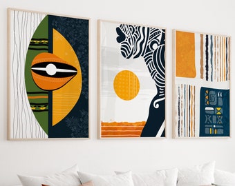 May include: Three abstract art prints with geometric shapes and patterns in shades of yellow, blue, green, and white. The prints feature a stylized eye, a circle, and a figure with a patterned head.