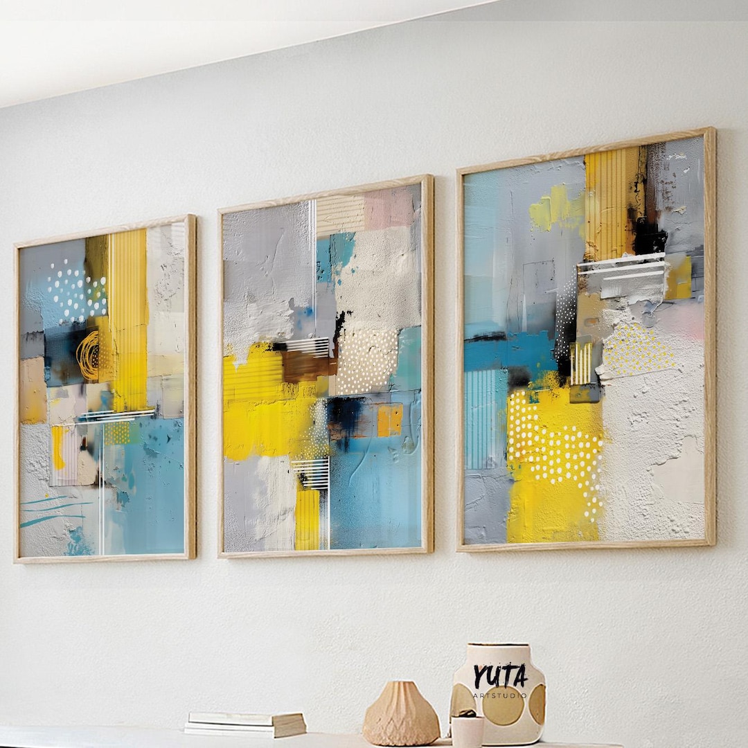 Modern Abstract Wall Art Set of 3 | Yellow & Blue Minimalist Geometric ...