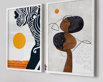 Modern afrikansk väggkonst set med 2 tryck. Tryck av svarta kvinnor, minimalistiska kvinnliga posters. Abstrakt konst med människor, afrocentrisk rumsinredning